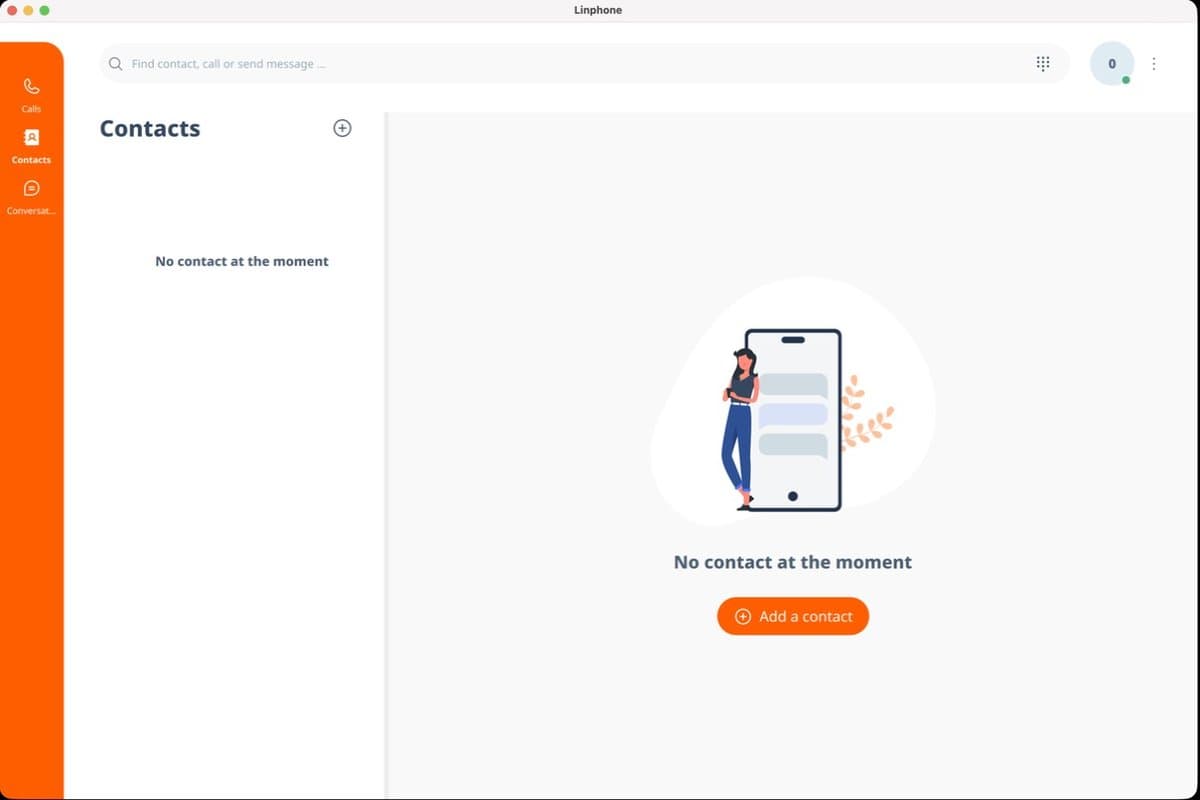 Linphone 등록 완료, 계정 아이콘에 초록 점